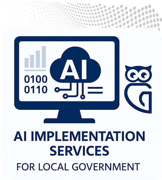 Practical AI for Local Government with a computer showing an AI cloud icon and a GovOwl owl logo
