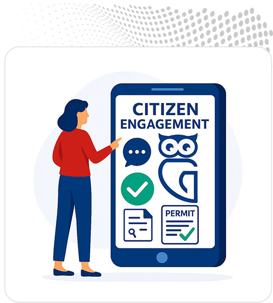 Government staff reviewing digital submissions in a citizen engagement portal showing online permits, payments, and status updates.