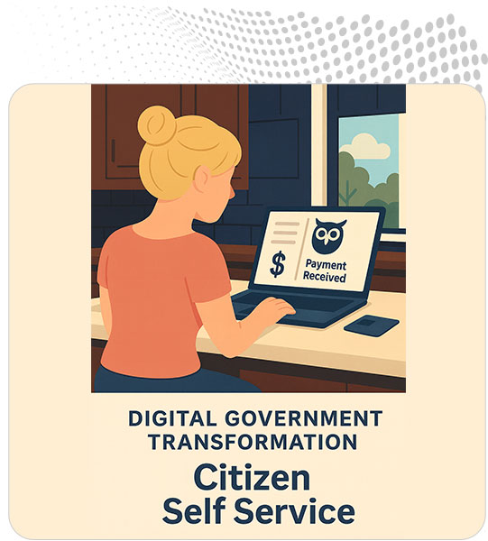 GovOwl digital government transformation graphic highlighting citizen self-service tools for midsized cities and counties.