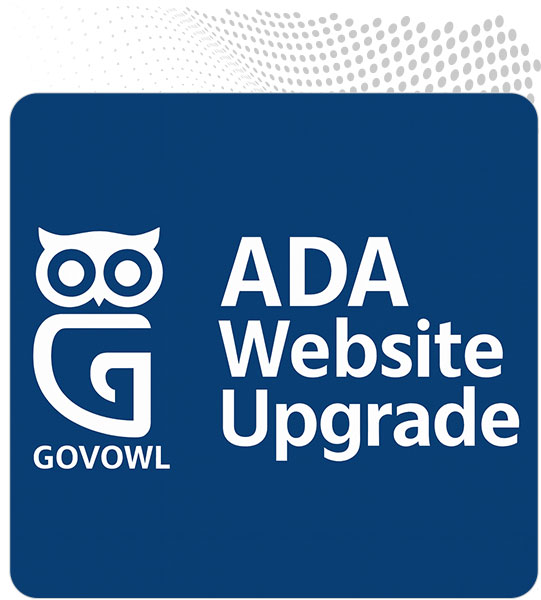 GovOwl ADA Website Upgrade graphic for Texas and U.S. local governments, featuring GovOwl owl logo and ADA/WCAG website accessibility messaging
